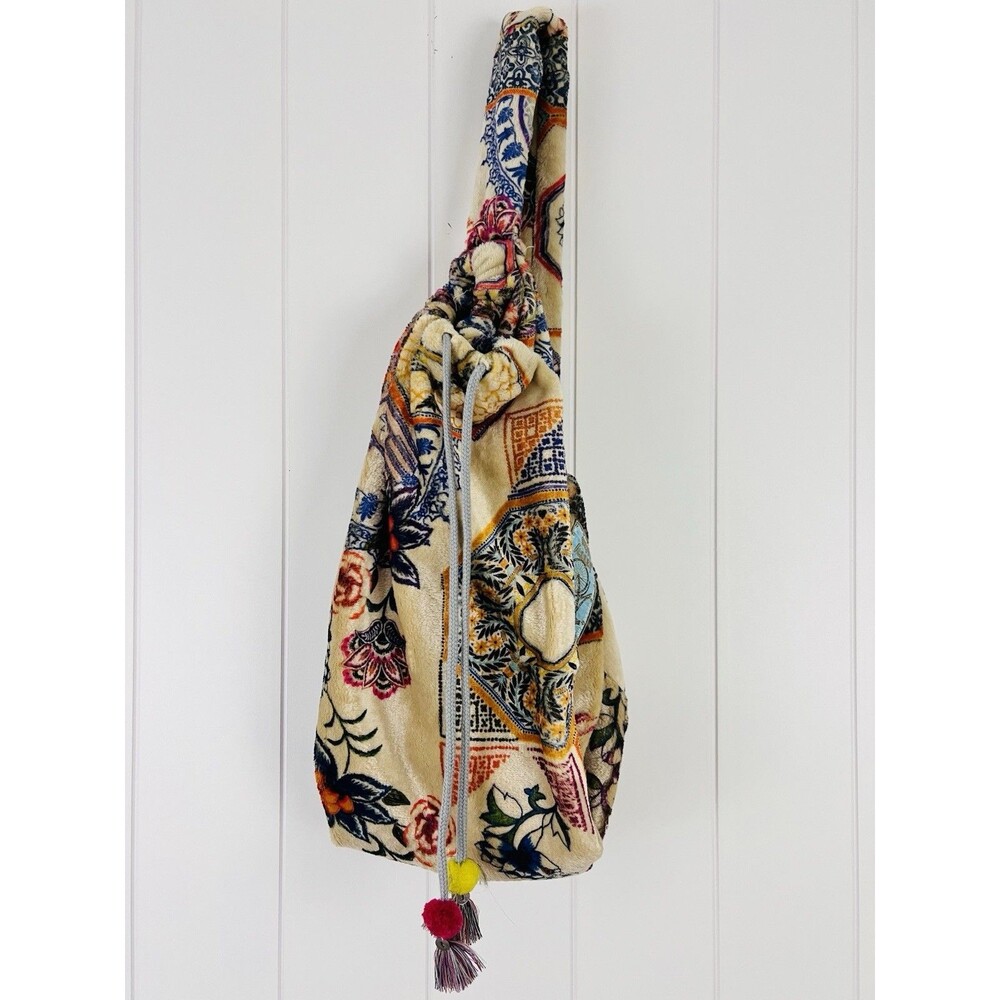Johnny Was Bohemian Velvet Tote Bag Floral Drawstring Super Soft Travel Ready